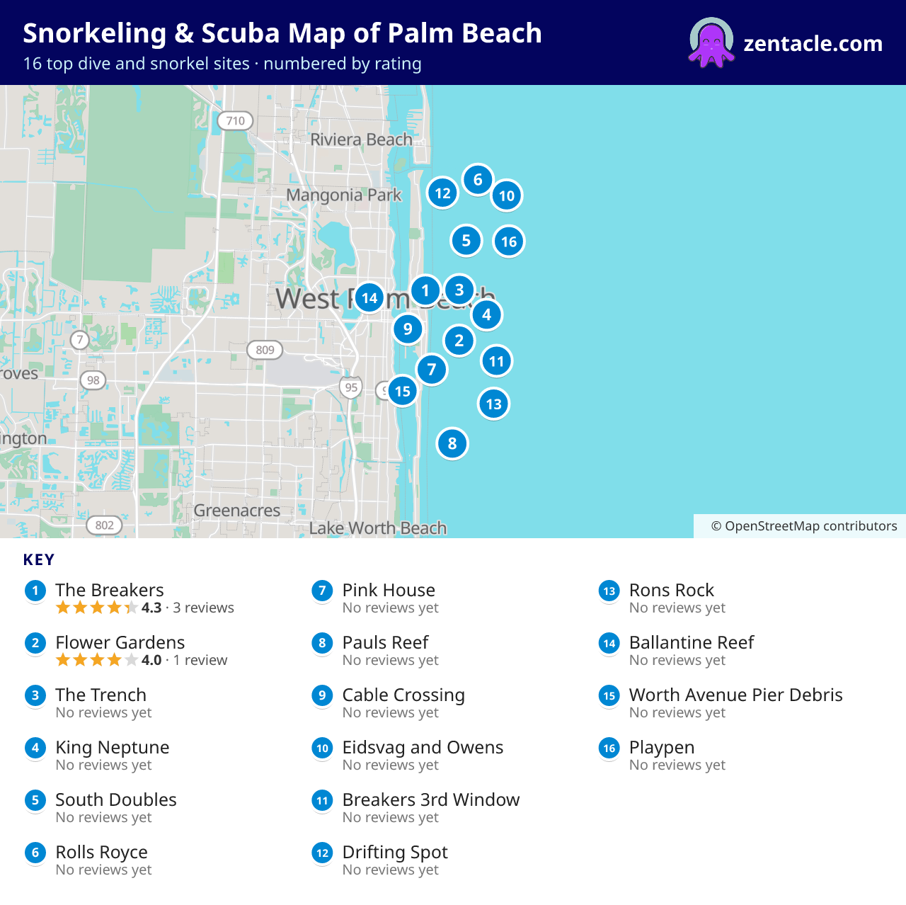 Snorkeling & Scuba Map of Palm Beach: numbered map of the top 16 dive and snorkel sites, with ratings