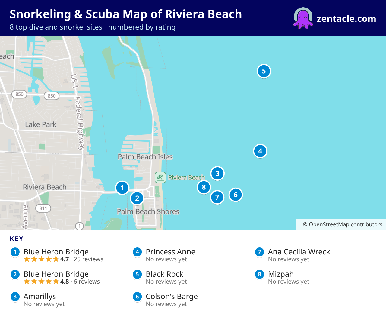 Snorkeling & Scuba Map of Riviera Beach: numbered map of the top 8 dive and snorkel sites, with ratings