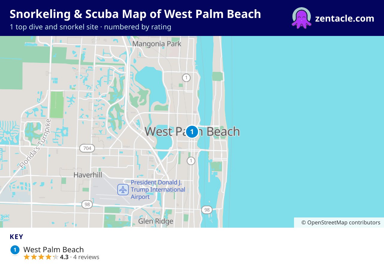 Snorkeling & Scuba Map of West Palm Beach: numbered map of the top 1 dive and snorkel sites, with ratings