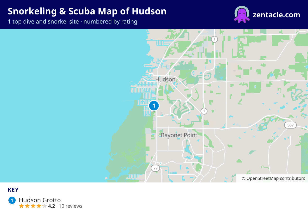 Snorkeling & Scuba Map of Hudson: numbered map of the top 1 dive and snorkel sites, with ratings
