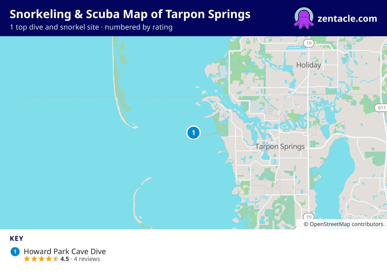 Snorkeling & Scuba Map of Tarpon Springs: numbered map of the top 1 dive and snorkel sites, with ratings