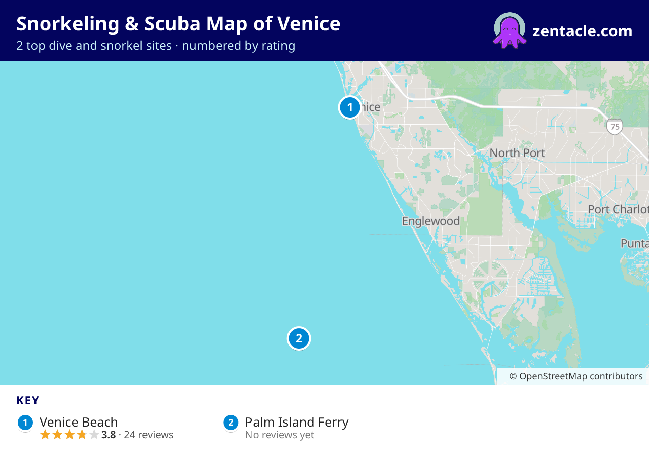 Snorkeling & Scuba Map of Venice: numbered map of the top 2 dive and snorkel sites, with ratings