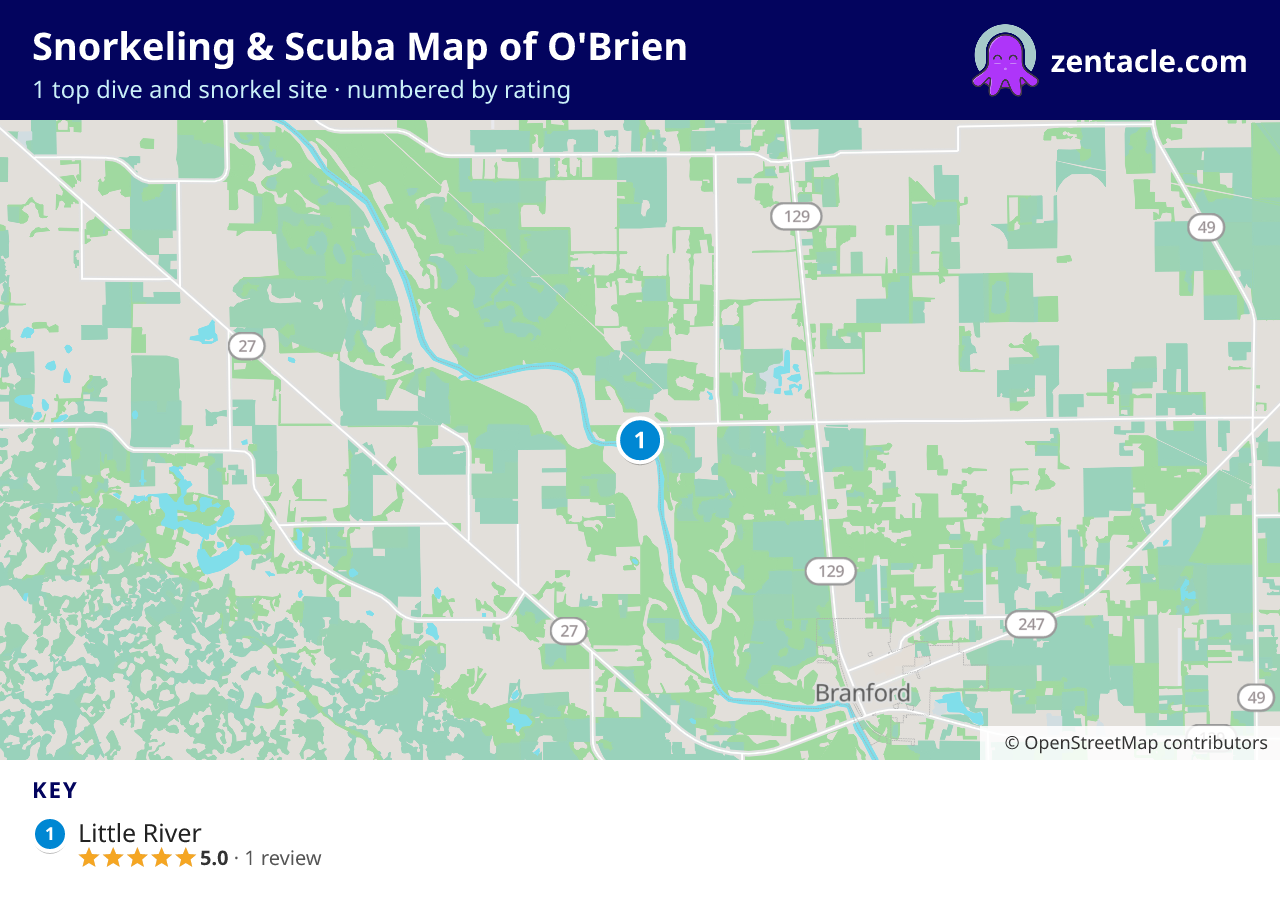Snorkeling & Scuba Map of O'Brien: numbered map of the top 1 dive and snorkel sites, with ratings