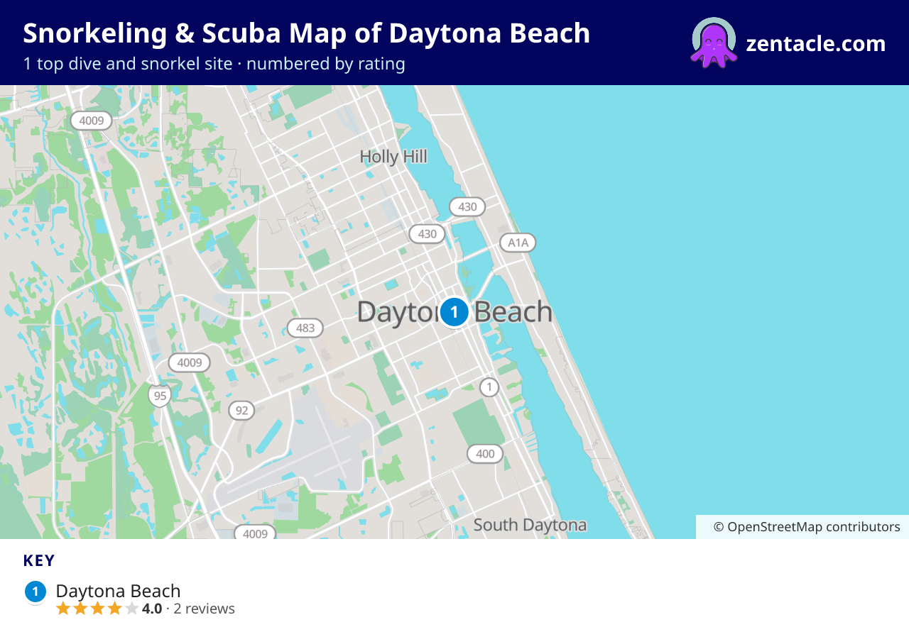 Snorkeling & Scuba Map of Daytona Beach: numbered map of the top 1 dive and snorkel sites, with ratings