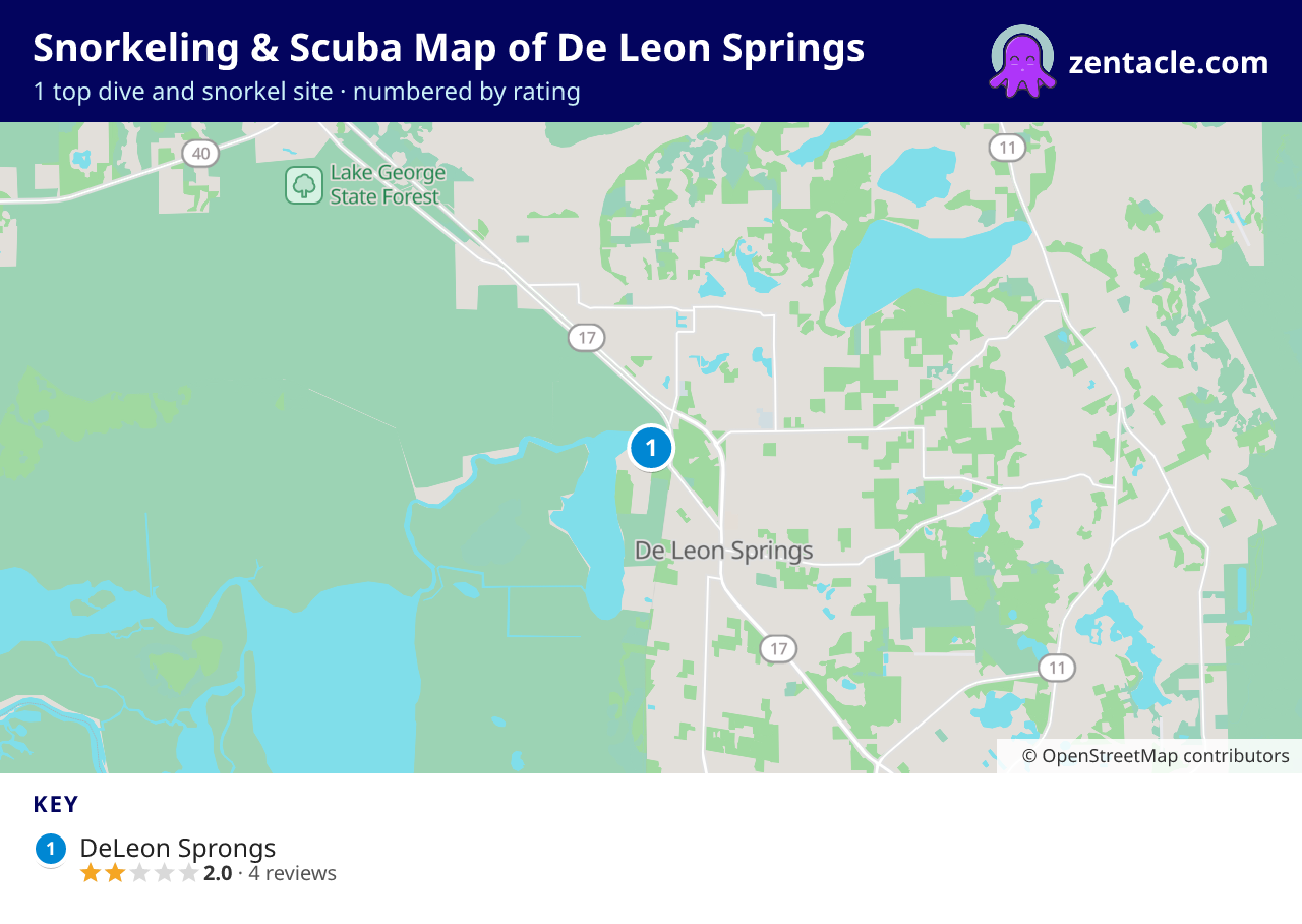 Snorkeling & Scuba Map of De Leon Springs: numbered map of the top 1 dive and snorkel sites, with ratings