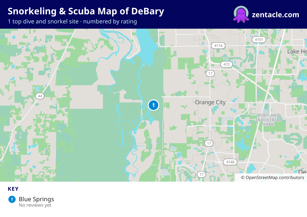 Snorkeling & Scuba Map of DeBary: numbered map of the top 1 dive and snorkel sites, with ratings