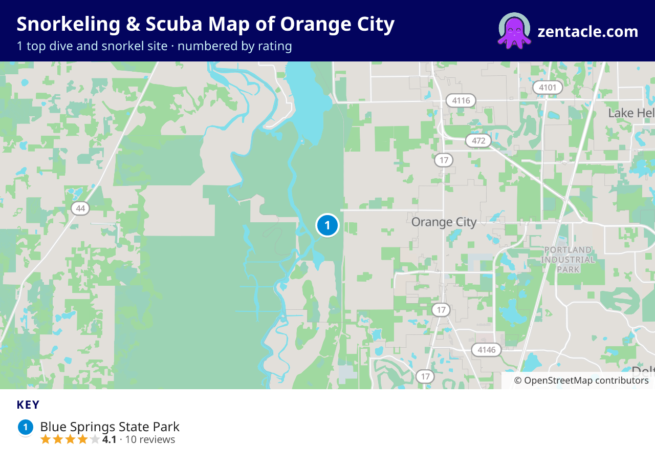 Snorkeling & Scuba Map of Orange City: numbered map of the top 1 dive and snorkel sites, with ratings