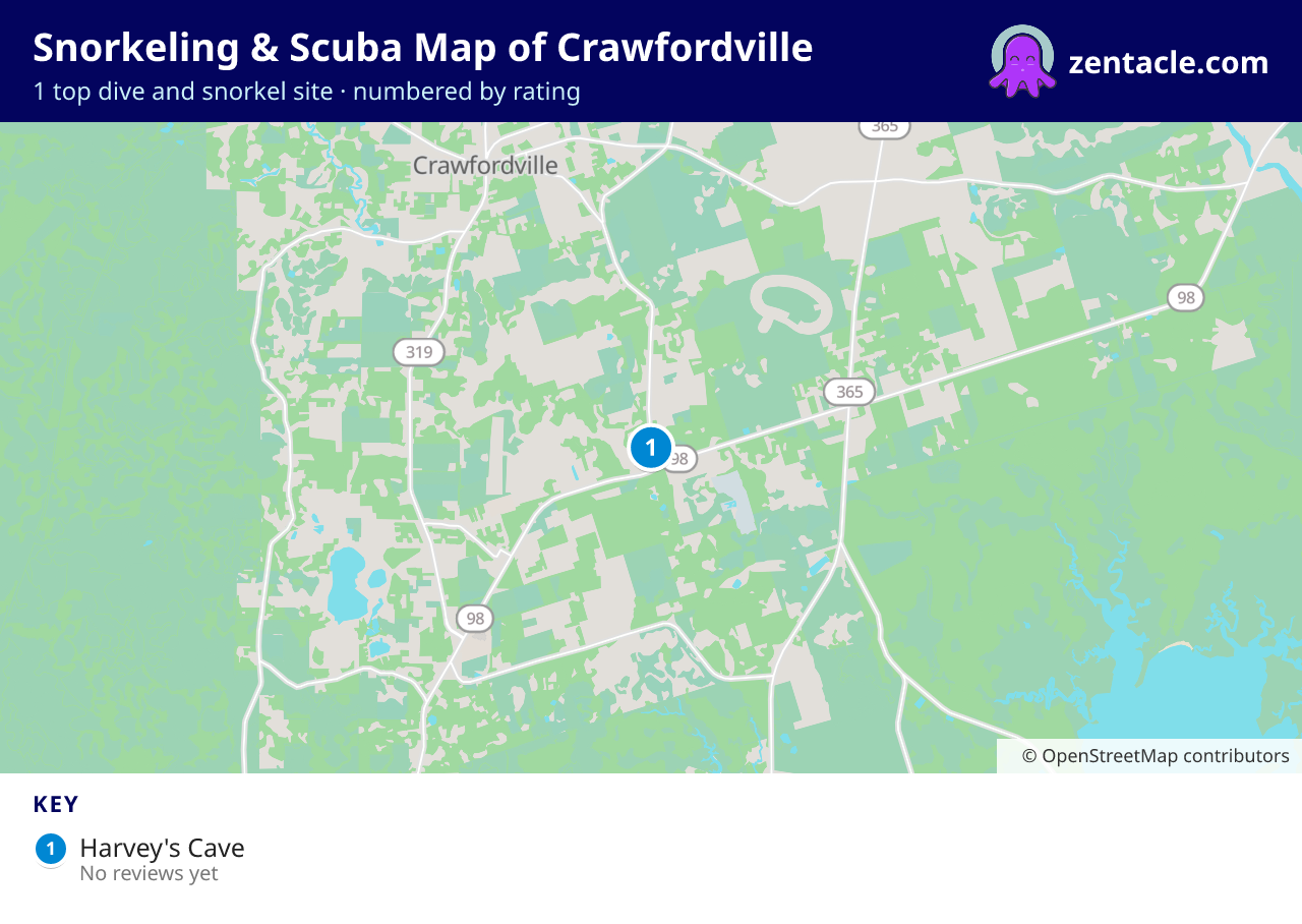 Snorkeling & Scuba Map of Crawfordville: numbered map of the top 1 dive and snorkel sites, with ratings