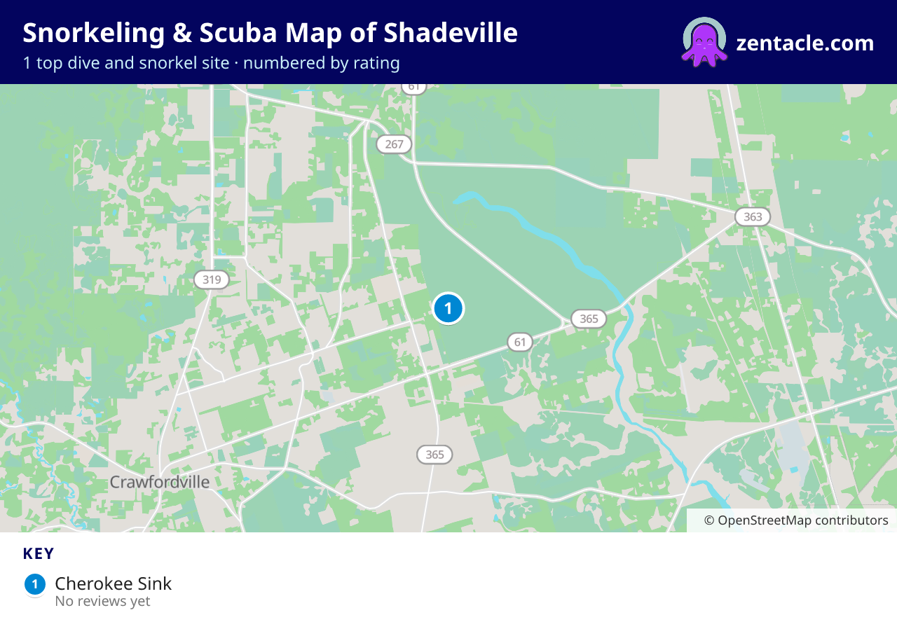 Snorkeling & Scuba Map of Shadeville: numbered map of the top 1 dive and snorkel sites, with ratings