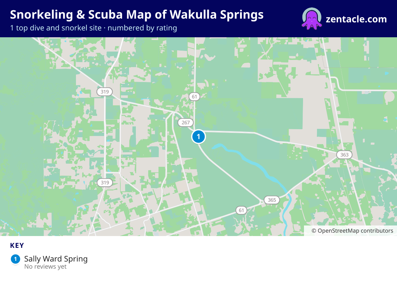 Snorkeling & Scuba Map of Wakulla Springs: numbered map of the top 1 dive and snorkel sites, with ratings