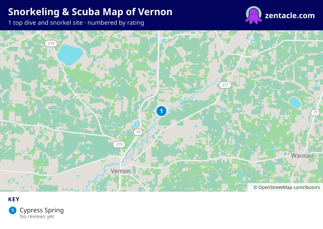 Snorkeling & Scuba Map of Vernon: numbered map of the top 1 dive and snorkel sites, with ratings