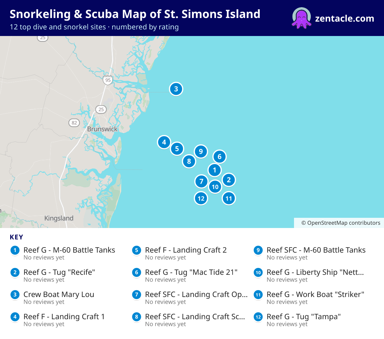 Snorkeling & Scuba Map of St. Simons Island: numbered map of the top 12 dive and snorkel sites, with ratings