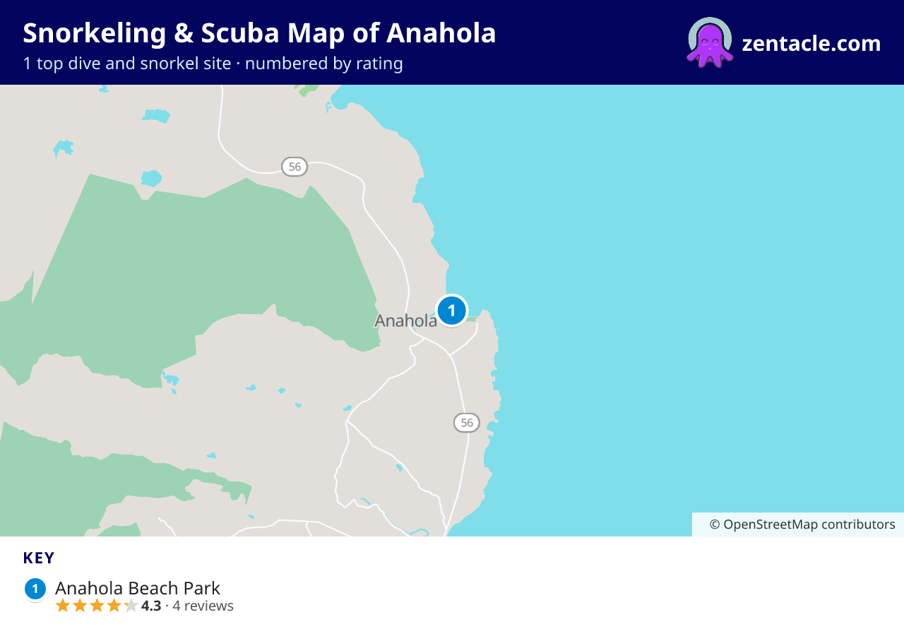 Snorkeling & Scuba Map of Anahola: numbered map of the top 1 dive and snorkel sites, with ratings