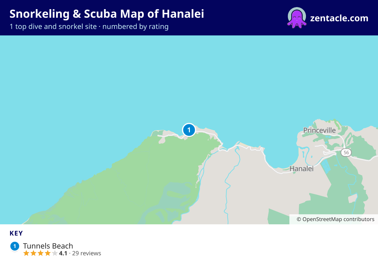 Snorkeling & Scuba Map of Hanalei: numbered map of the top 1 dive and snorkel sites, with ratings