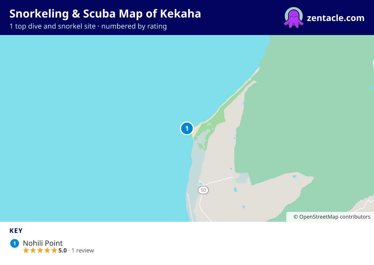 Snorkeling & Scuba Map of Kekaha: numbered map of the top 1 dive and snorkel sites, with ratings