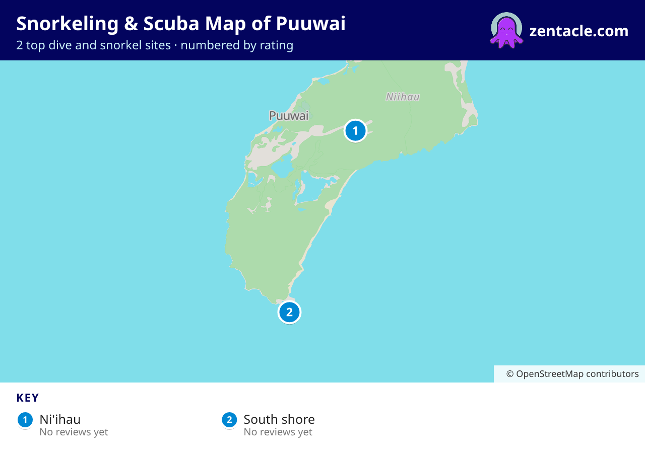 Snorkeling & Scuba Map of Puuwai: numbered map of the top 2 dive and snorkel sites, with ratings