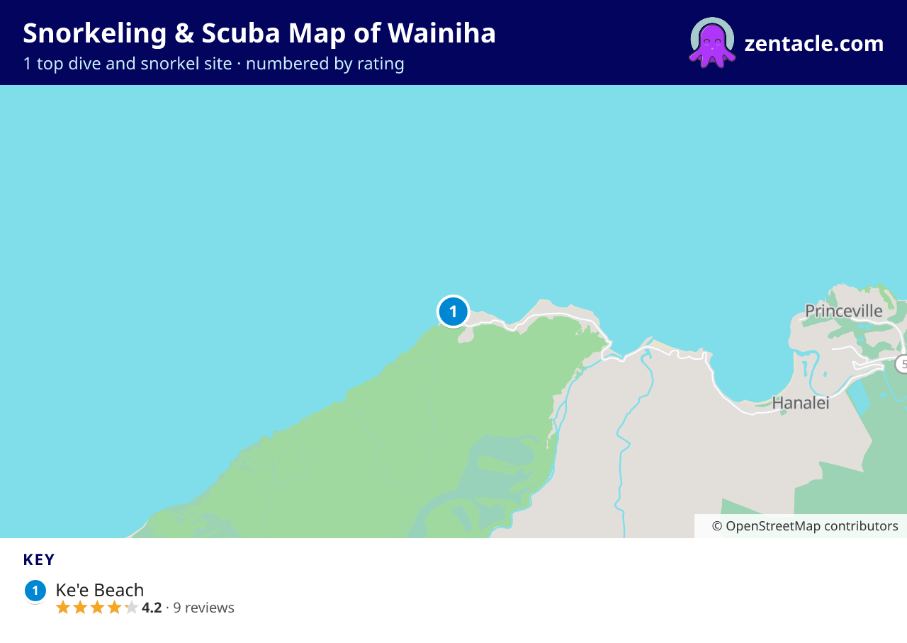 Snorkeling & Scuba Map of Wainiha: numbered map of the top 1 dive and snorkel sites, with ratings