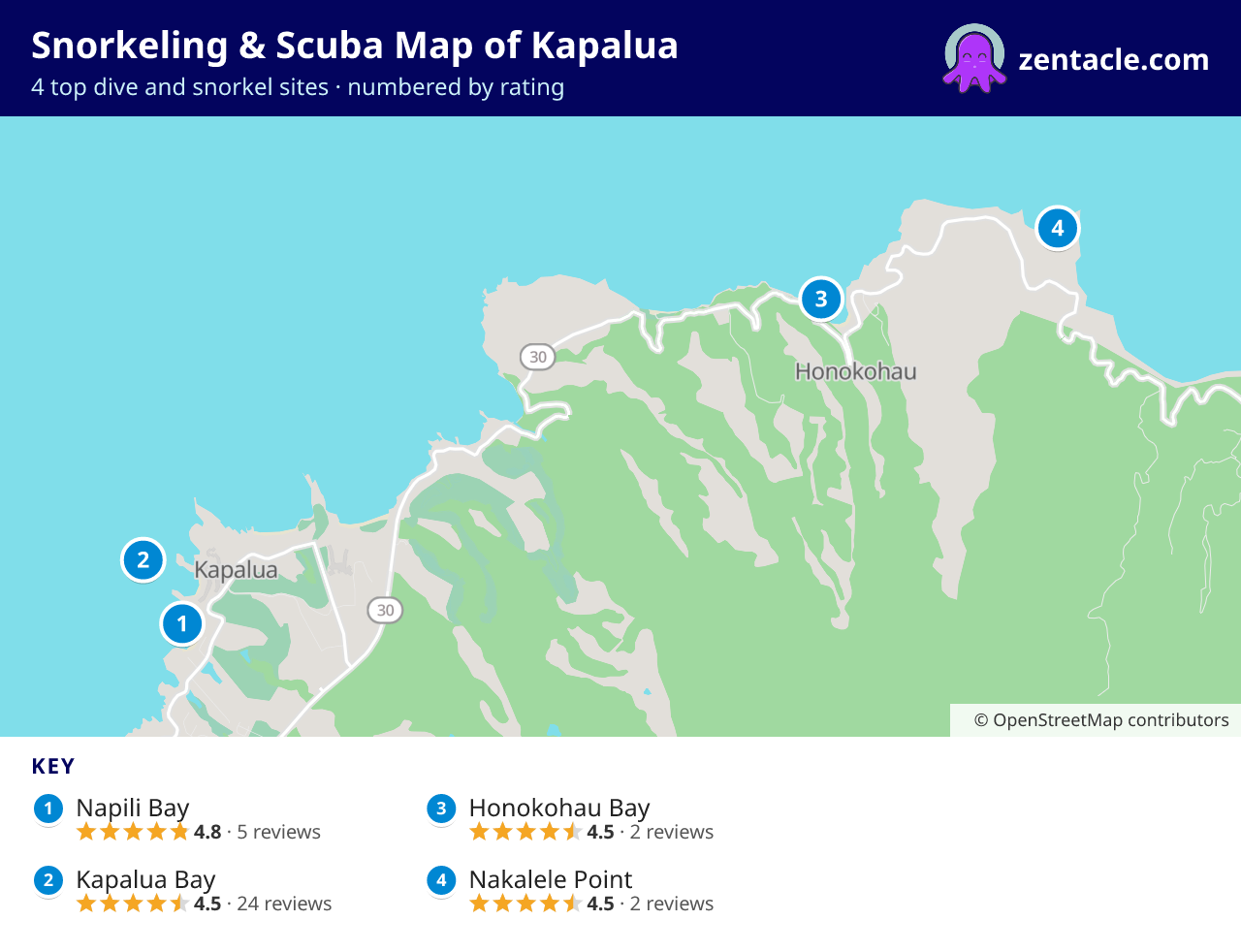 Snorkeling & Scuba Map of Kapalua: numbered map of the top 4 dive and snorkel sites, with ratings