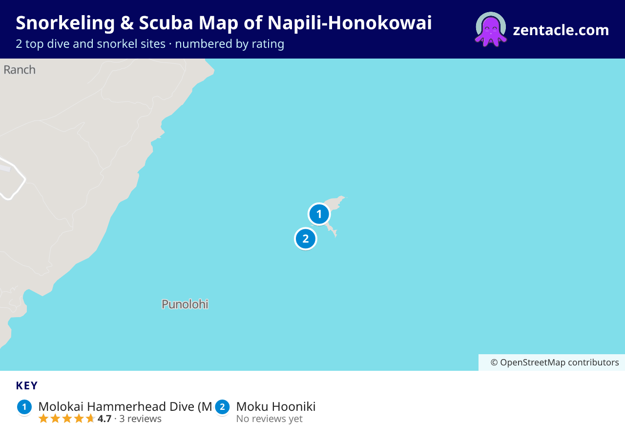 Snorkeling & Scuba Map of Napili-Honokowai: numbered map of the top 2 dive and snorkel sites, with ratings