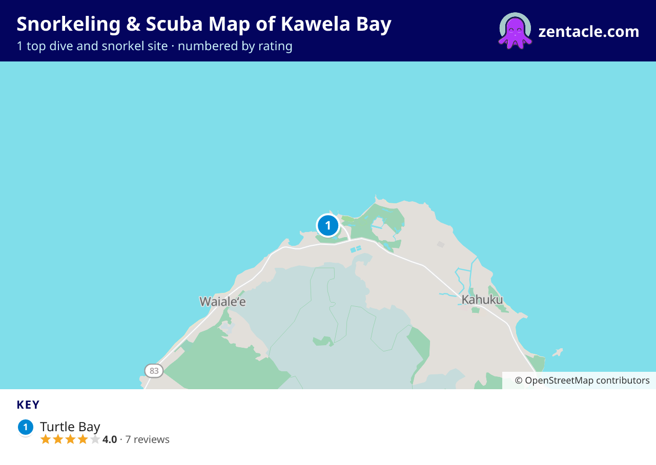 Snorkeling & Scuba Map of Kawela Bay: numbered map of the top 1 dive and snorkel sites, with ratings