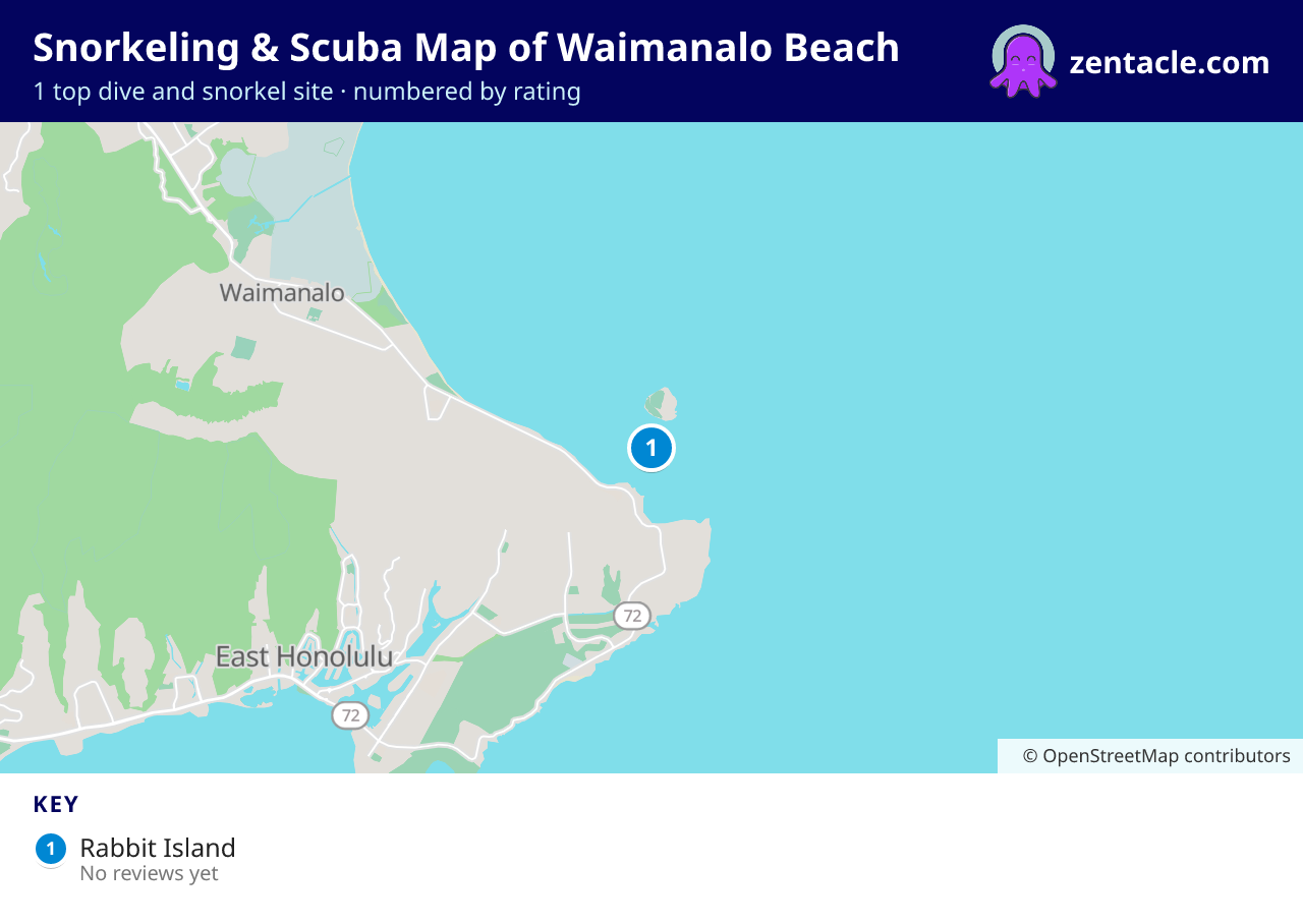 Snorkeling & Scuba Map of Waimanalo Beach: numbered map of the top 1 dive and snorkel sites, with ratings