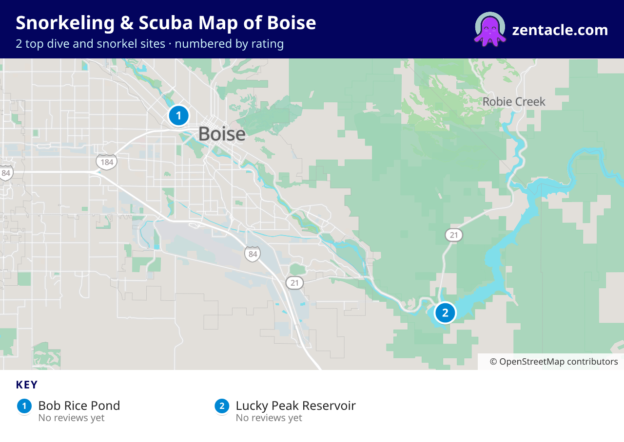 Snorkeling & Scuba Map of Boise: numbered map of the top 2 dive and snorkel sites, with ratings