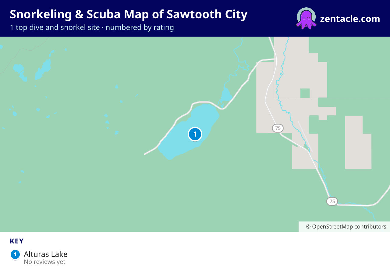Snorkeling & Scuba Map of Sawtooth City: numbered map of the top 1 dive and snorkel sites, with ratings