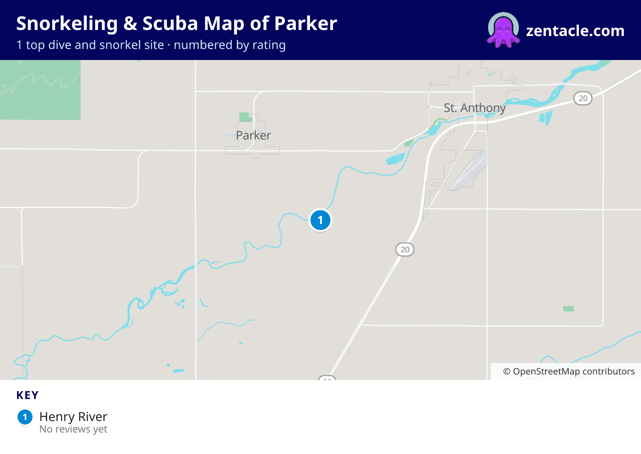 Snorkeling & Scuba Map of Parker: numbered map of the top 1 dive and snorkel sites, with ratings