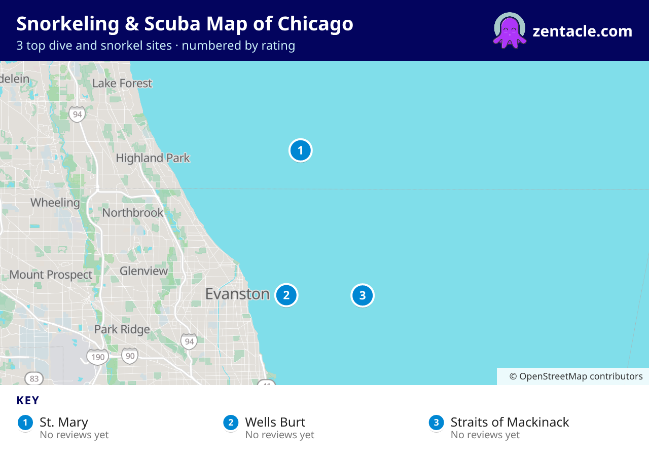 Snorkeling & Scuba Map of Chicago: numbered map of the top 3 dive and snorkel sites, with ratings