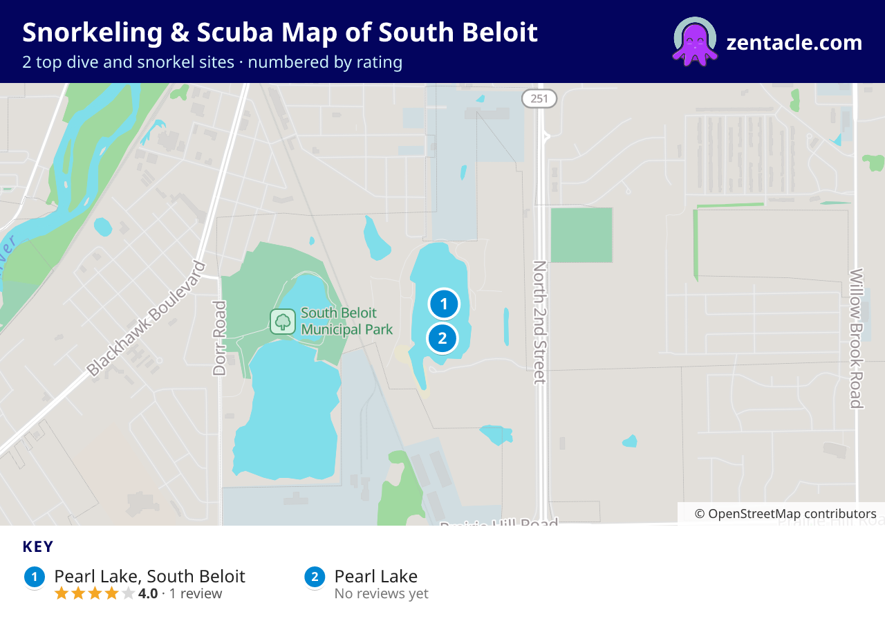Snorkeling & Scuba Map of South Beloit: numbered map of the top 2 dive and snorkel sites, with ratings