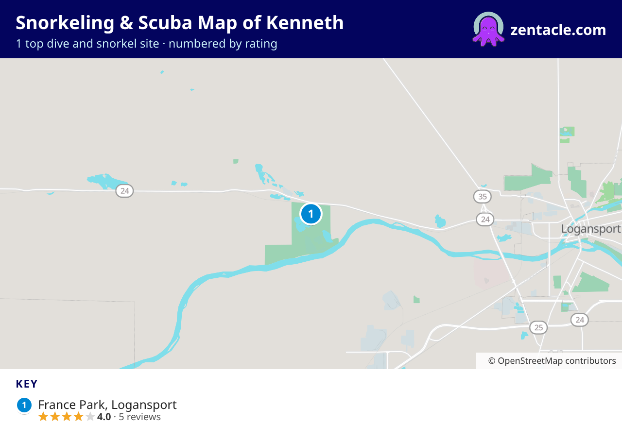 Snorkeling & Scuba Map of Kenneth: numbered map of the top 1 dive and snorkel sites, with ratings
