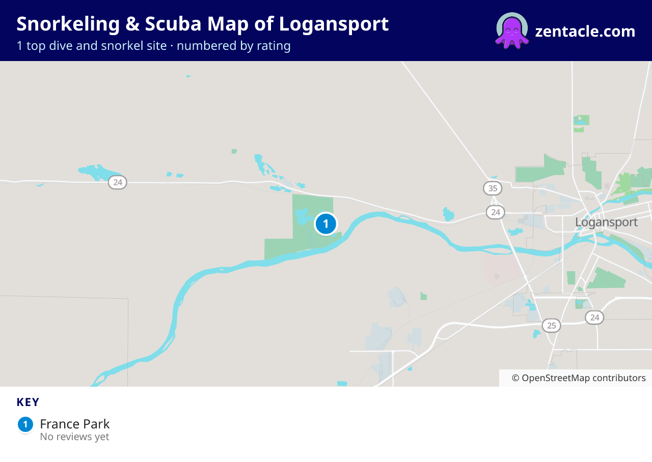 Snorkeling & Scuba Map of Logansport: numbered map of the top 1 dive and snorkel sites, with ratings