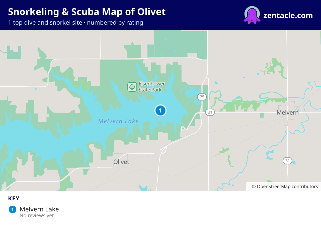 Snorkeling & Scuba Map of Olivet: numbered map of the top 1 dive and snorkel sites, with ratings