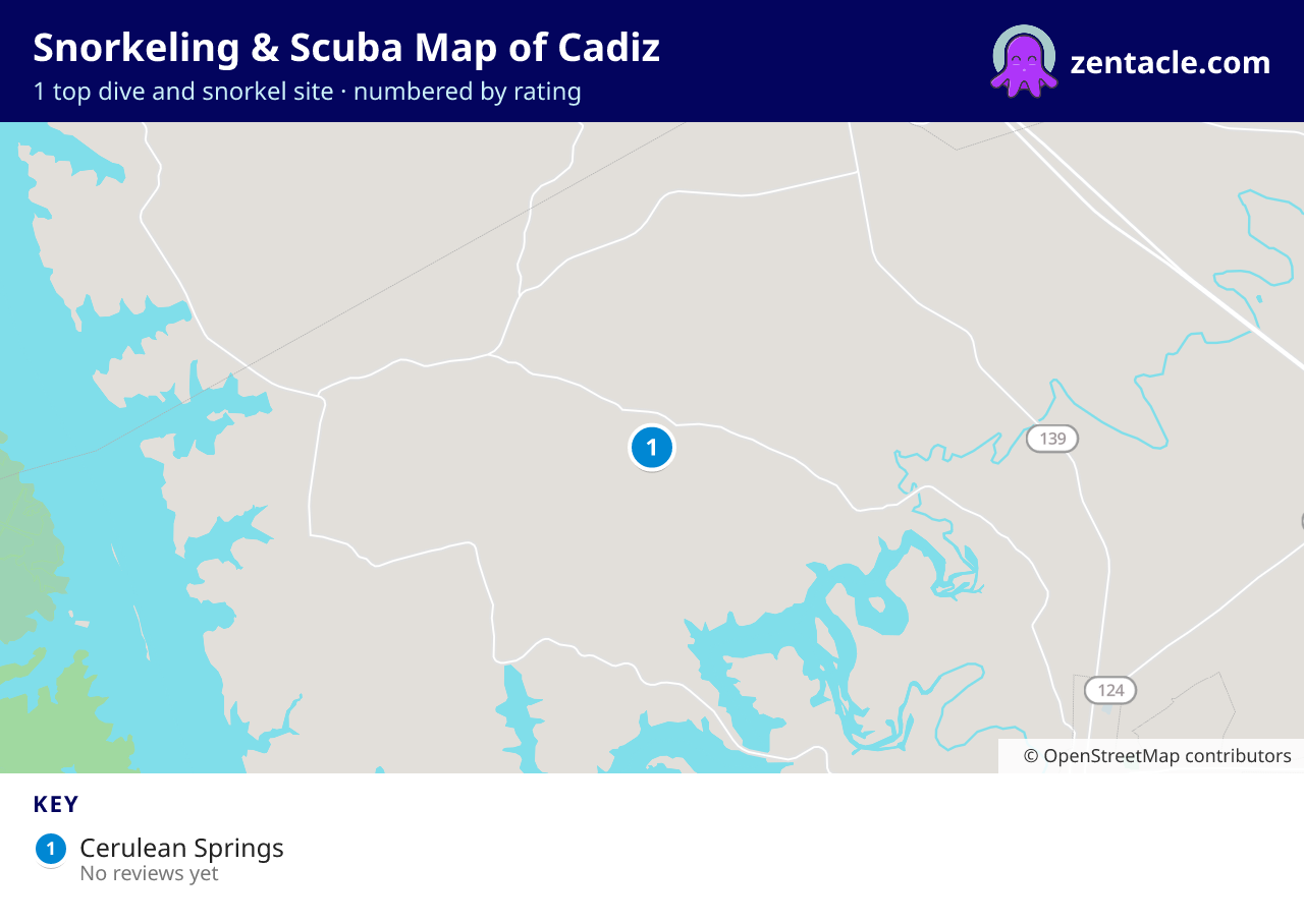 Snorkeling & Scuba Map of Cadiz: numbered map of the top 1 dive and snorkel sites, with ratings