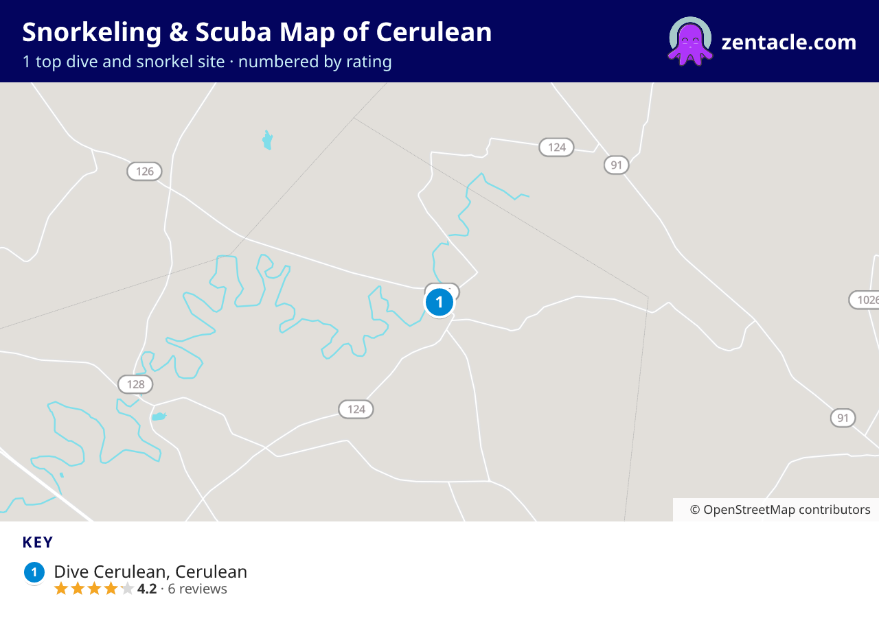 Snorkeling & Scuba Map of Cerulean: numbered map of the top 1 dive and snorkel sites, with ratings
