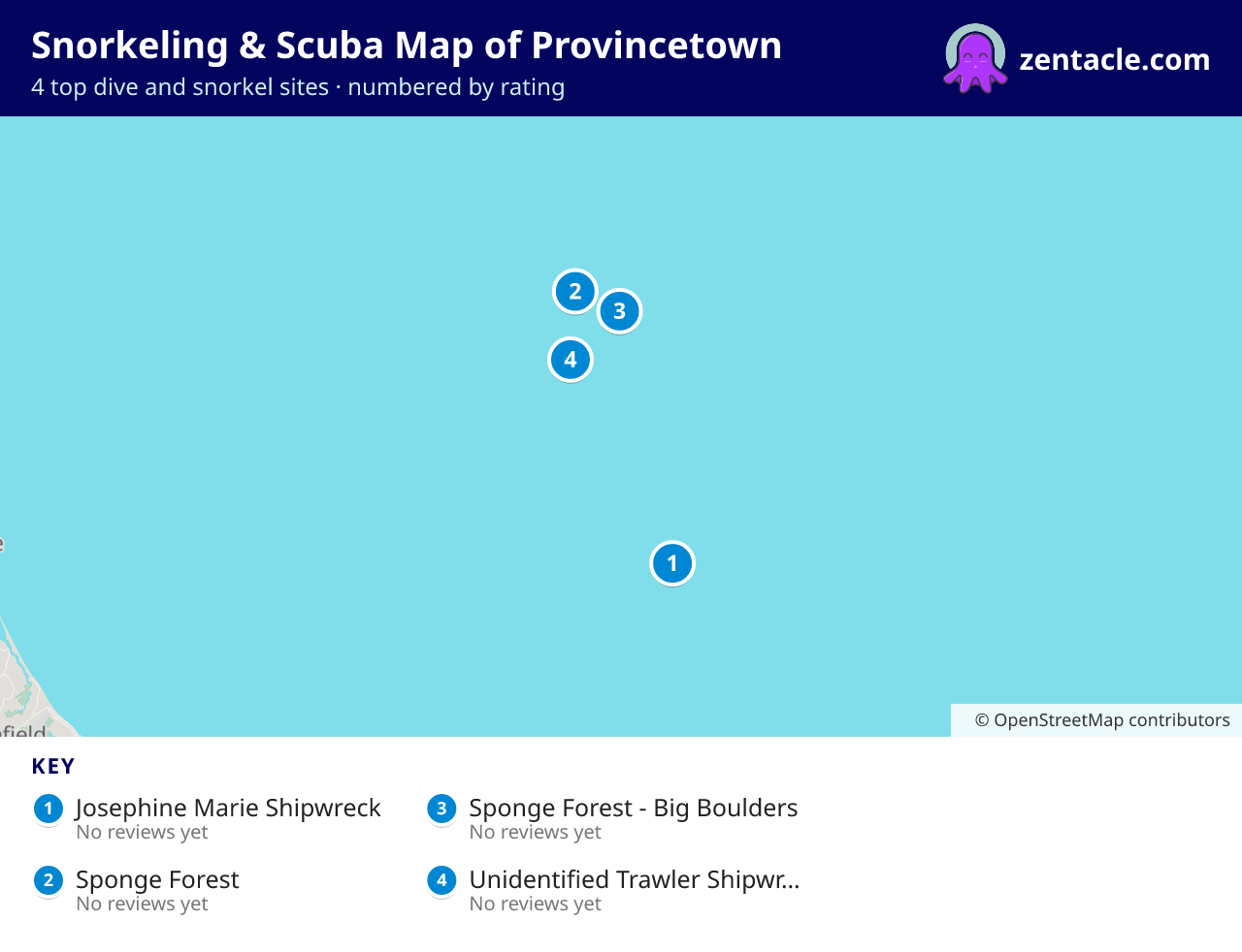 Snorkeling & Scuba Map of Provincetown: numbered map of the top 4 dive and snorkel sites, with ratings