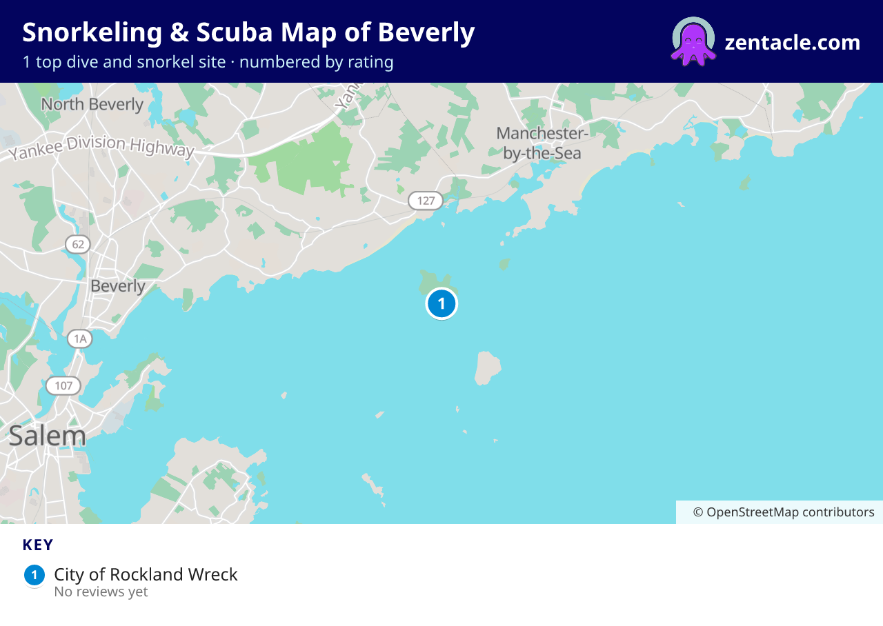 Snorkeling & Scuba Map of Beverly: numbered map of the top 1 dive and snorkel sites, with ratings