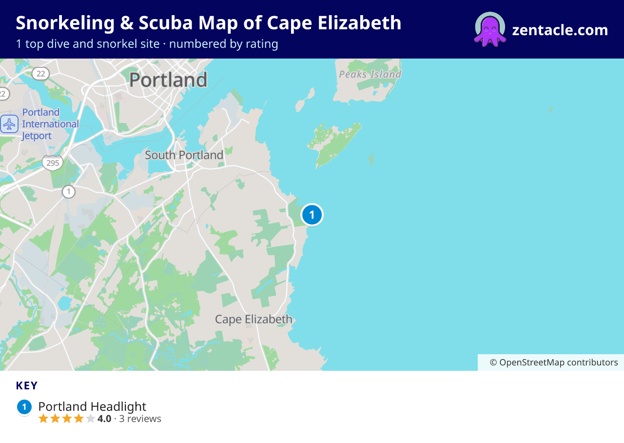 Snorkeling & Scuba Map of Cape Elizabeth: numbered map of the top 1 dive and snorkel sites, with ratings