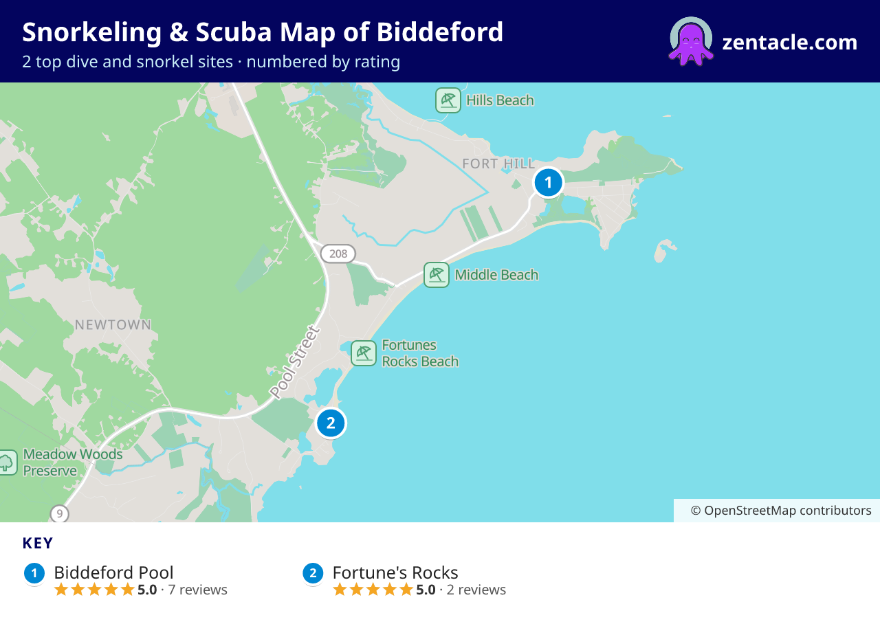 Snorkeling & Scuba Map of Biddeford: numbered map of the top 2 dive and snorkel sites, with ratings