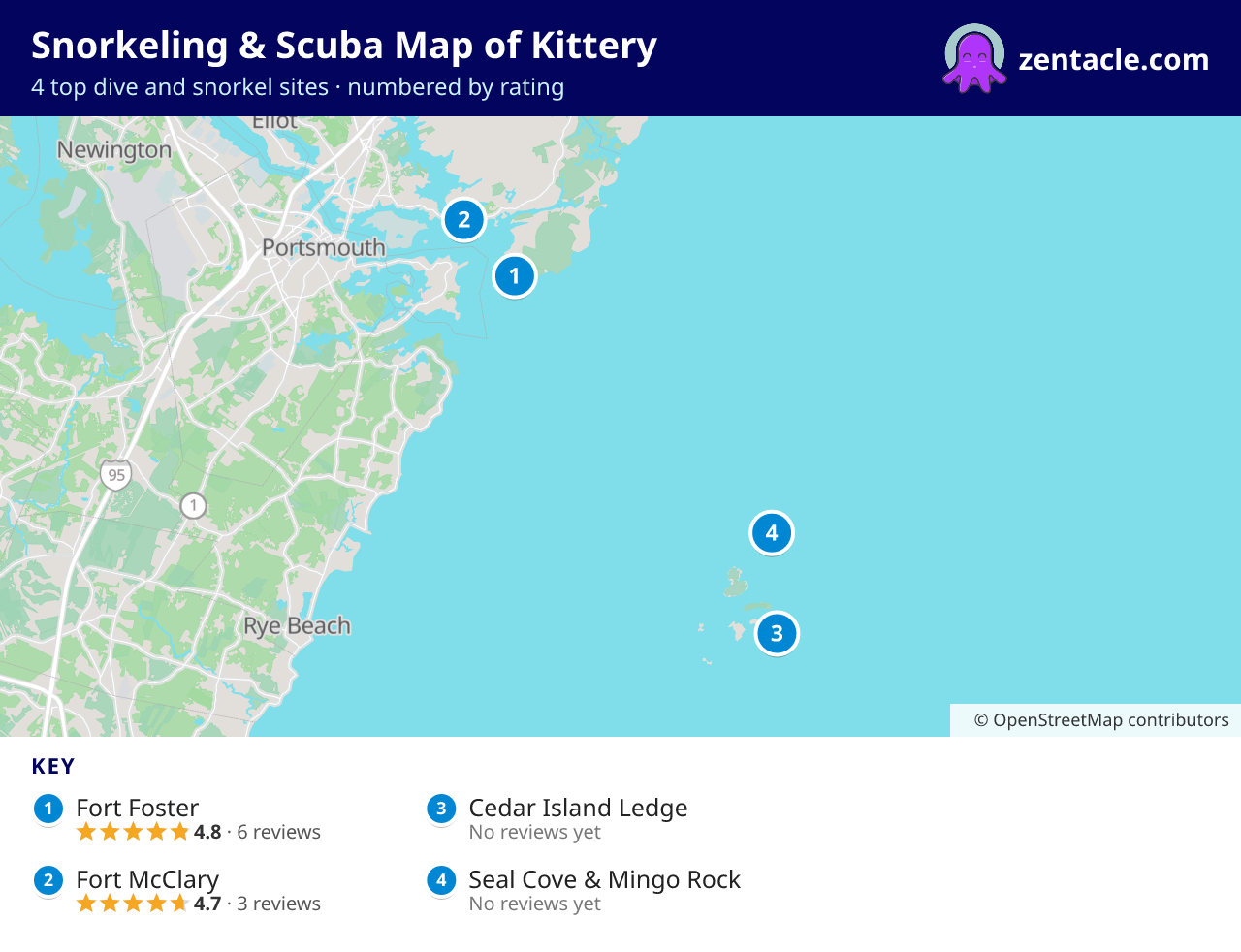 Snorkeling & Scuba Map of Kittery: numbered map of the top 4 dive and snorkel sites, with ratings