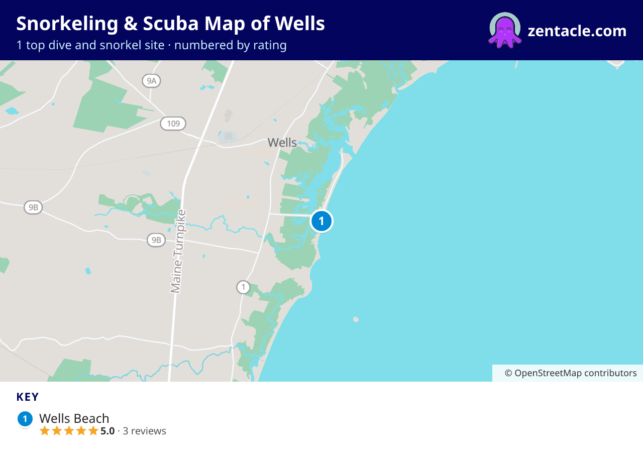 Snorkeling & Scuba Map of Wells: numbered map of the top 1 dive and snorkel sites, with ratings