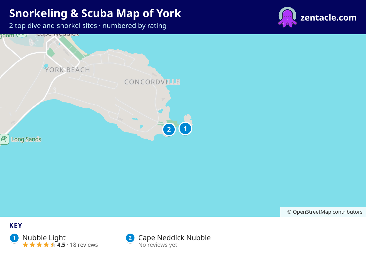 Snorkeling & Scuba Map of York: numbered map of the top 2 dive and snorkel sites, with ratings