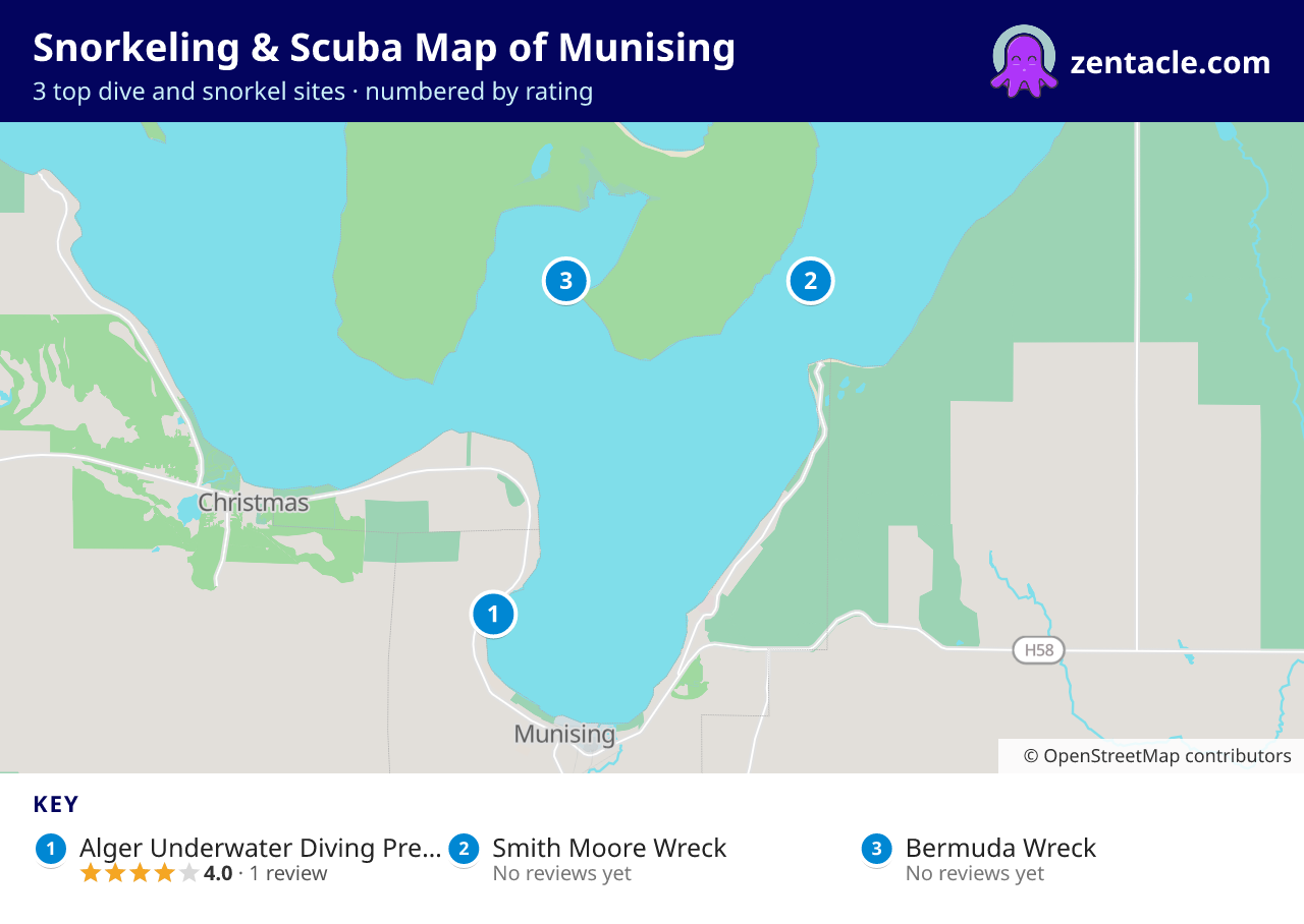 Snorkeling & Scuba Map of Munising: numbered map of the top 3 dive and snorkel sites, with ratings