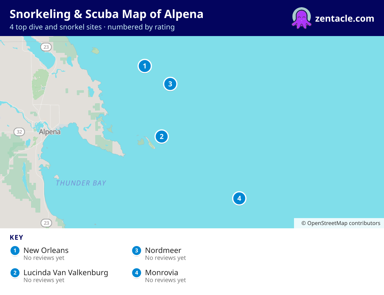 Snorkeling & Scuba Map of Alpena: numbered map of the top 4 dive and snorkel sites, with ratings