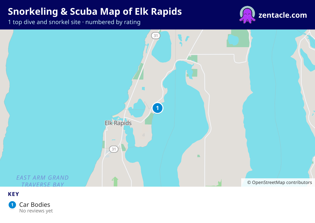 Snorkeling & Scuba Map of Elk Rapids: numbered map of the top 1 dive and snorkel sites, with ratings