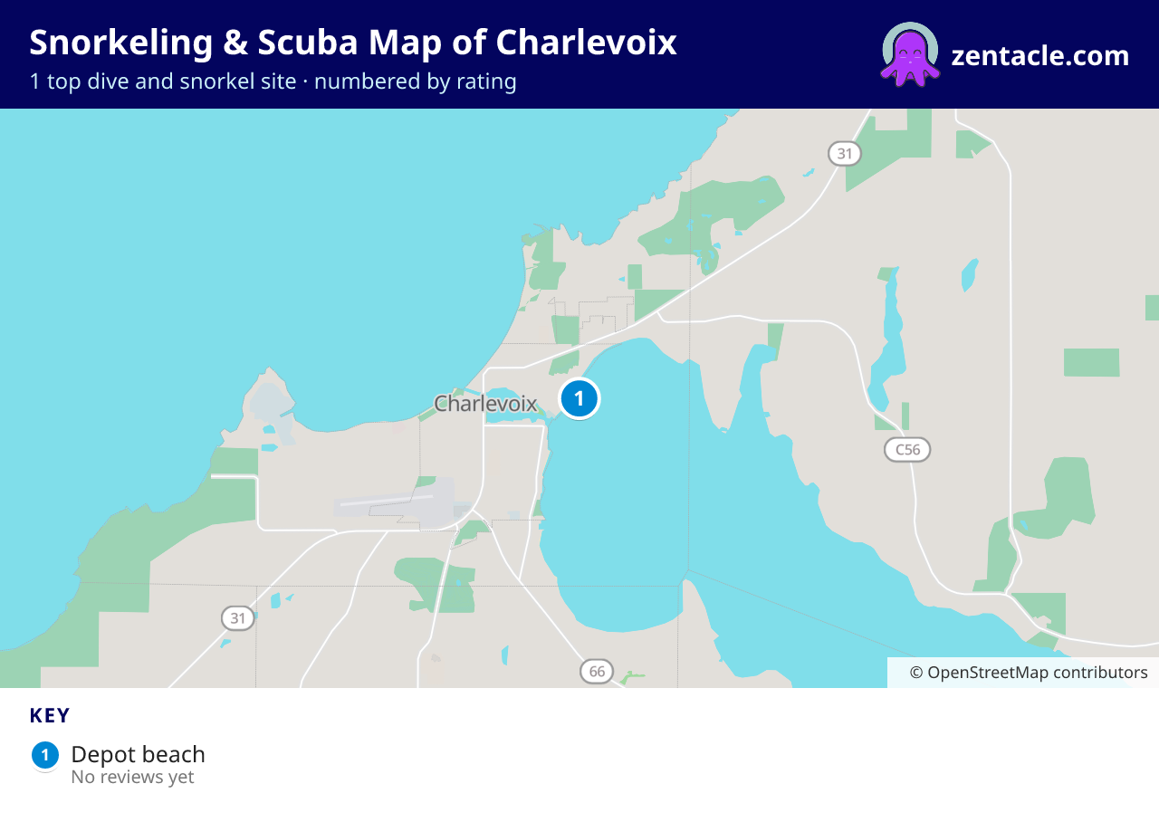 Snorkeling & Scuba Map of Charlevoix: numbered map of the top 1 dive and snorkel sites, with ratings