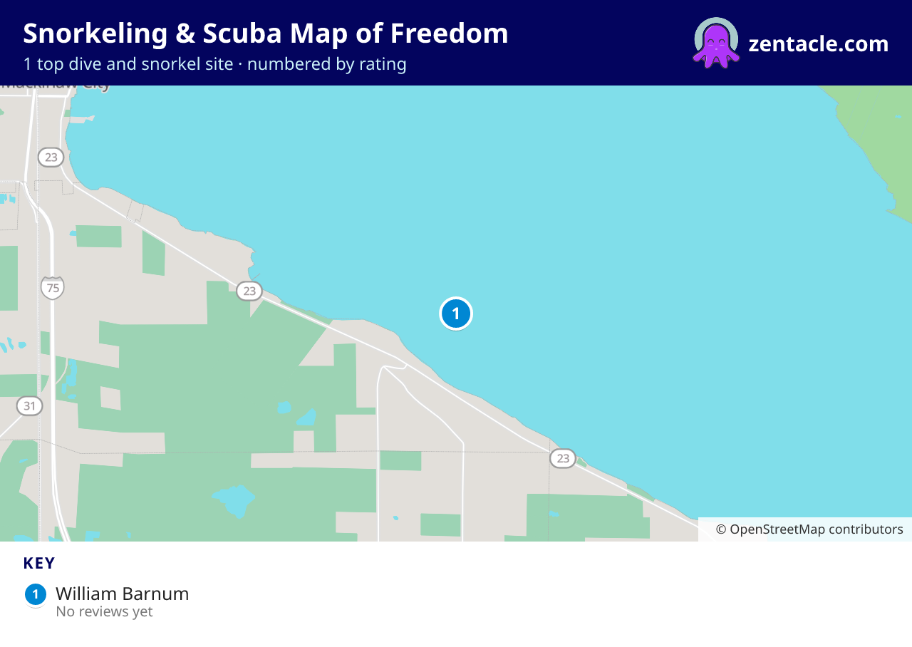 Snorkeling & Scuba Map of Freedom: numbered map of the top 1 dive and snorkel sites, with ratings