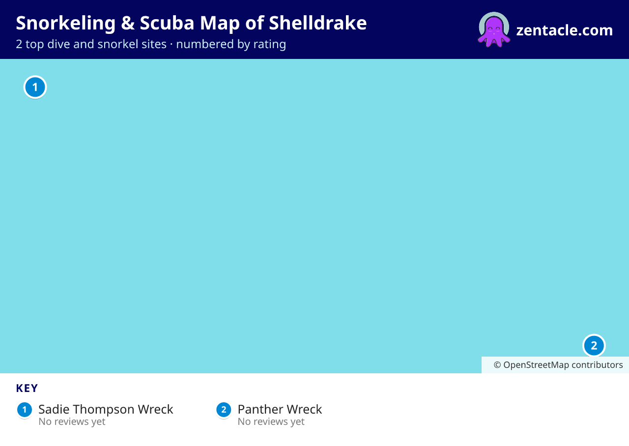 Snorkeling & Scuba Map of Shelldrake: numbered map of the top 2 dive and snorkel sites, with ratings