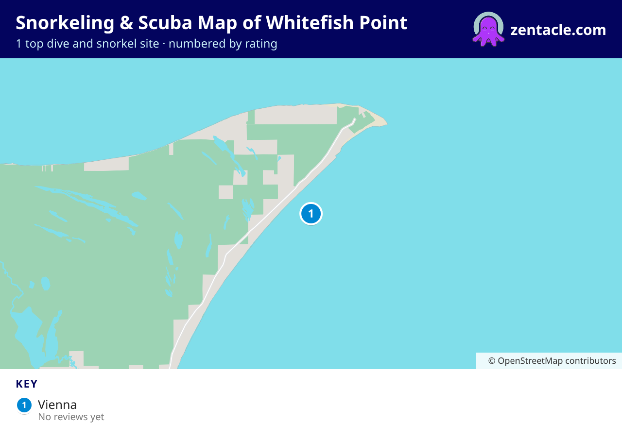 Snorkeling & Scuba Map of Whitefish Point: numbered map of the top 1 dive and snorkel sites, with ratings