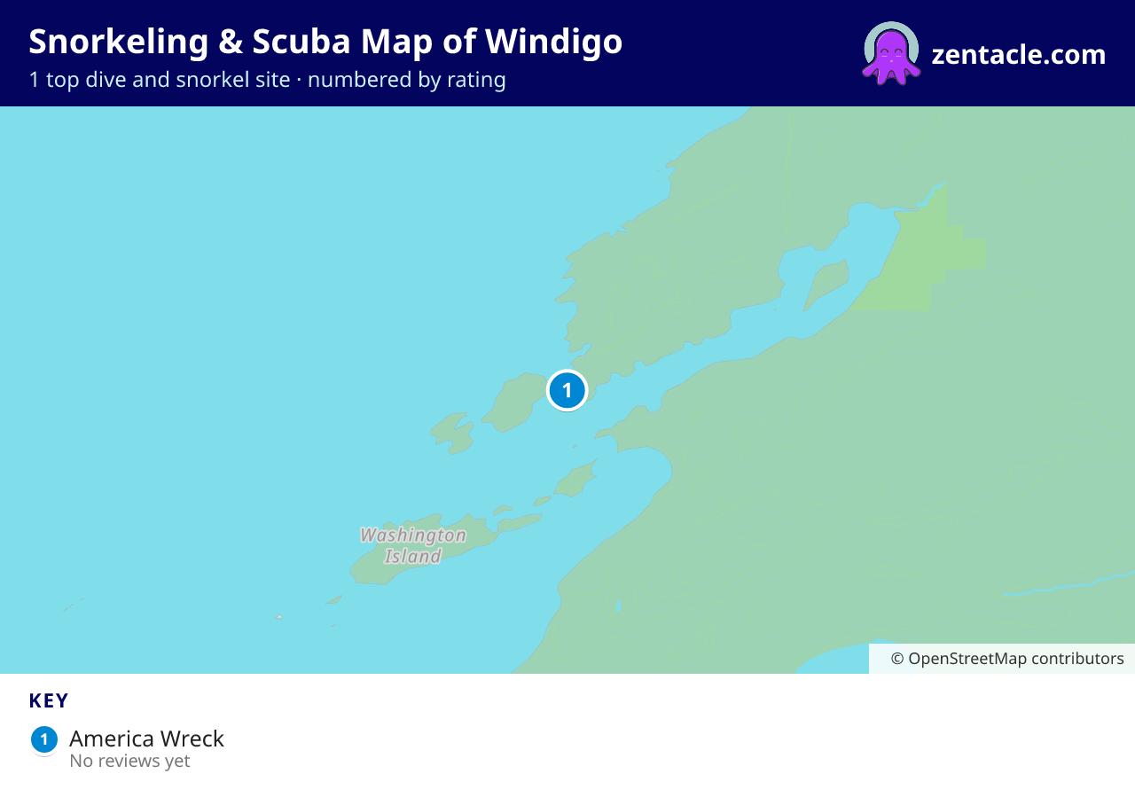 Snorkeling & Scuba Map of Windigo: numbered map of the top 1 dive and snorkel sites, with ratings